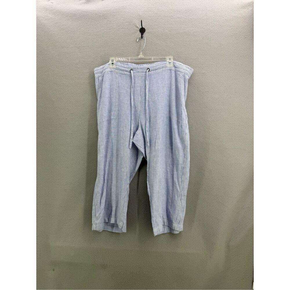Per Se Womens Blue White Striped Drawstring Linen Blend Cropped Pants Size 1X